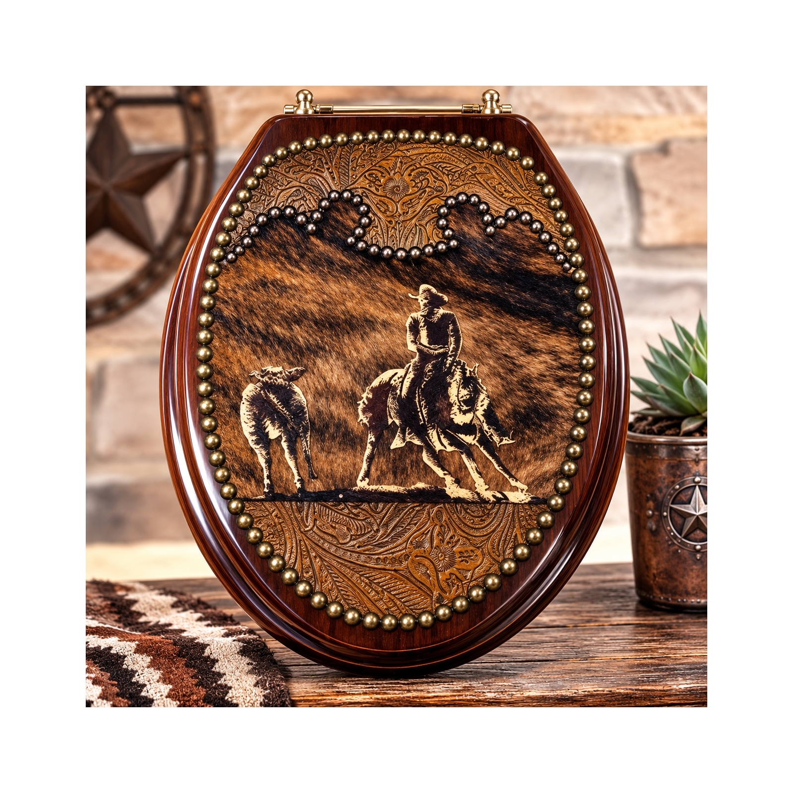 Cutting Horse Cowhide Western Toilet Seat